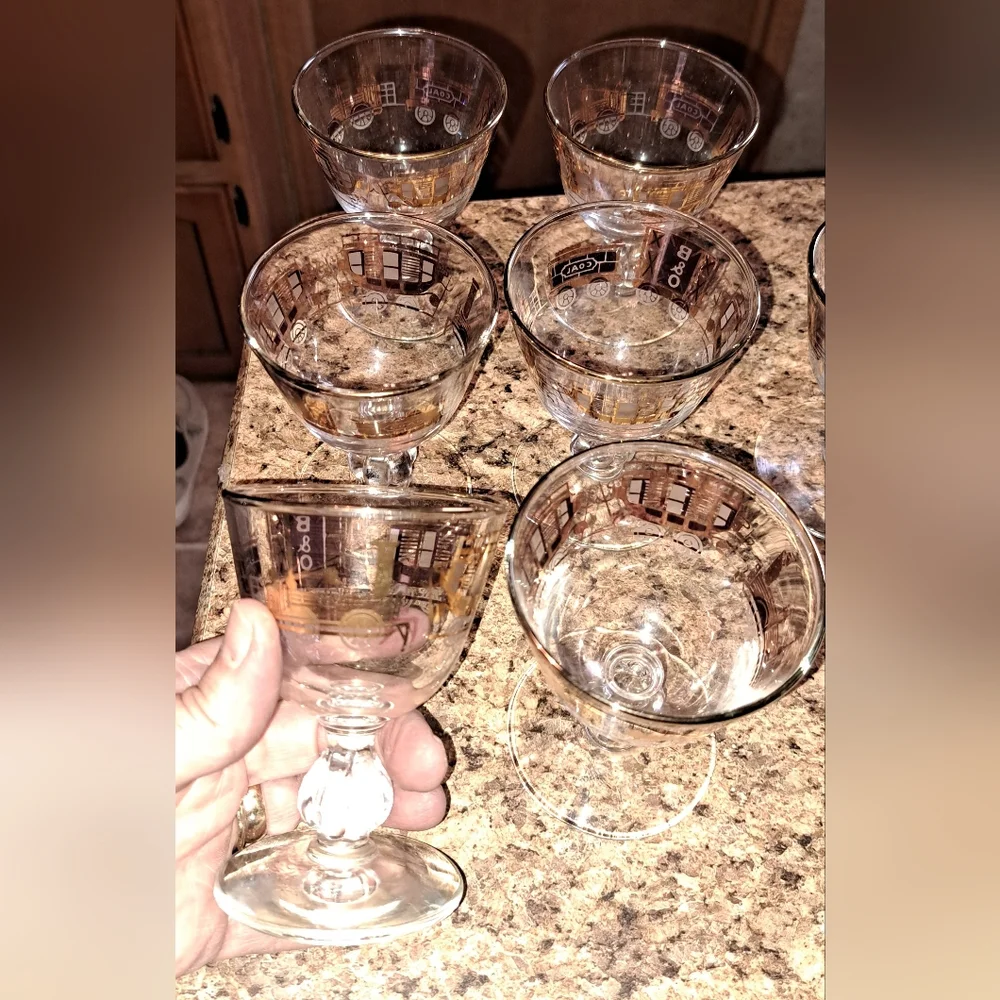 B&O Railroad Steam Engine Train Coal Box Coach Car Gold MCM 6 Wine Glasses